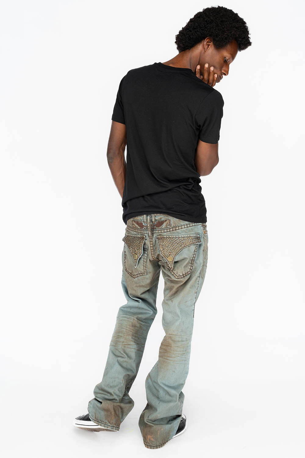 MENS LONG FLAP  BOOT CUT JEANS WITH CRYSTALS IN FASHION VINTAGE BLUE Stylish Daily Wear Parent Style Outdoor Casual