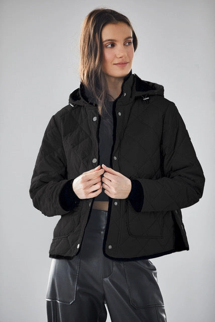 Shelby Short Quilted Hooded Jacket - Black ExpandableSideGussets Belted Waist