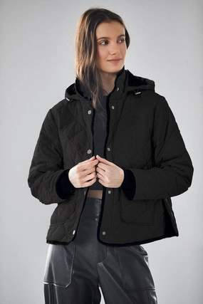 QuickDry Fabric Shelby Short Quilted Hooded Jacket - Black