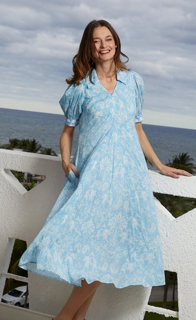 Montauk Dress - Light Blue Elephants And Palm Trees Relaxed day dress Versatile Wearable