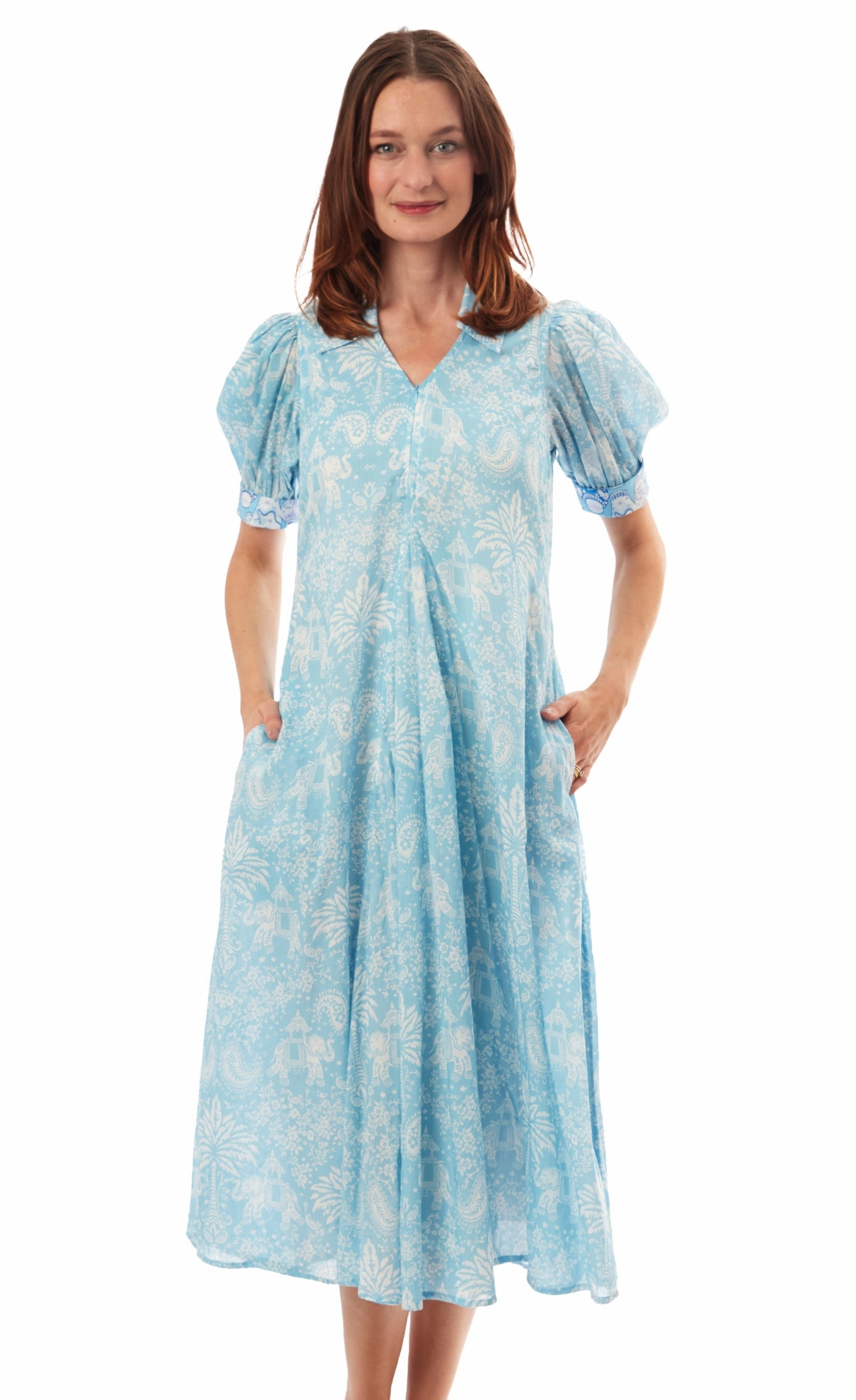 Trendy Fit Montauk Dress - Light Blue Elephants And Palm Trees