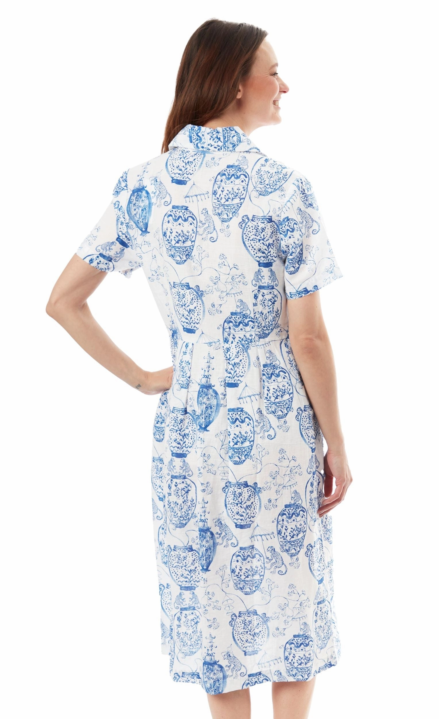 Magnetic-Closure Shortsleeved Shirt Dress - Chinoiserie Print