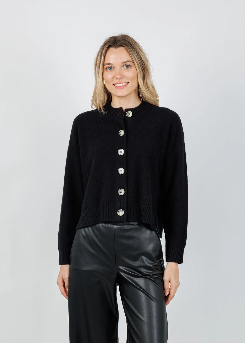 Soft Layer Sustainable Yarn Nina Cashmere Crew Neck Cardigan - Black