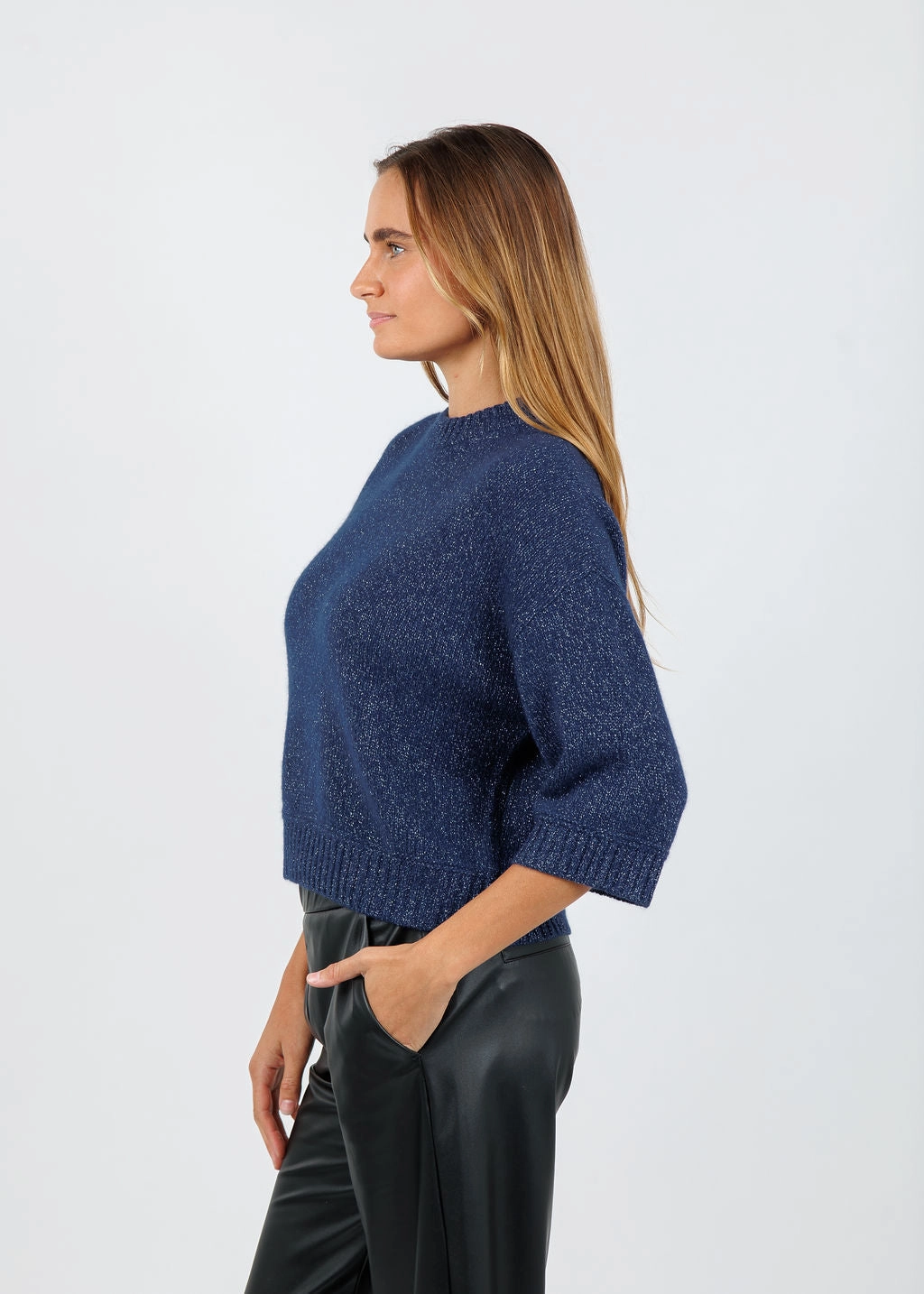 Sienna Lurex Elbow Sleeve Sweater - Midnight Biodegradable Fiber Option Sleek and Soft