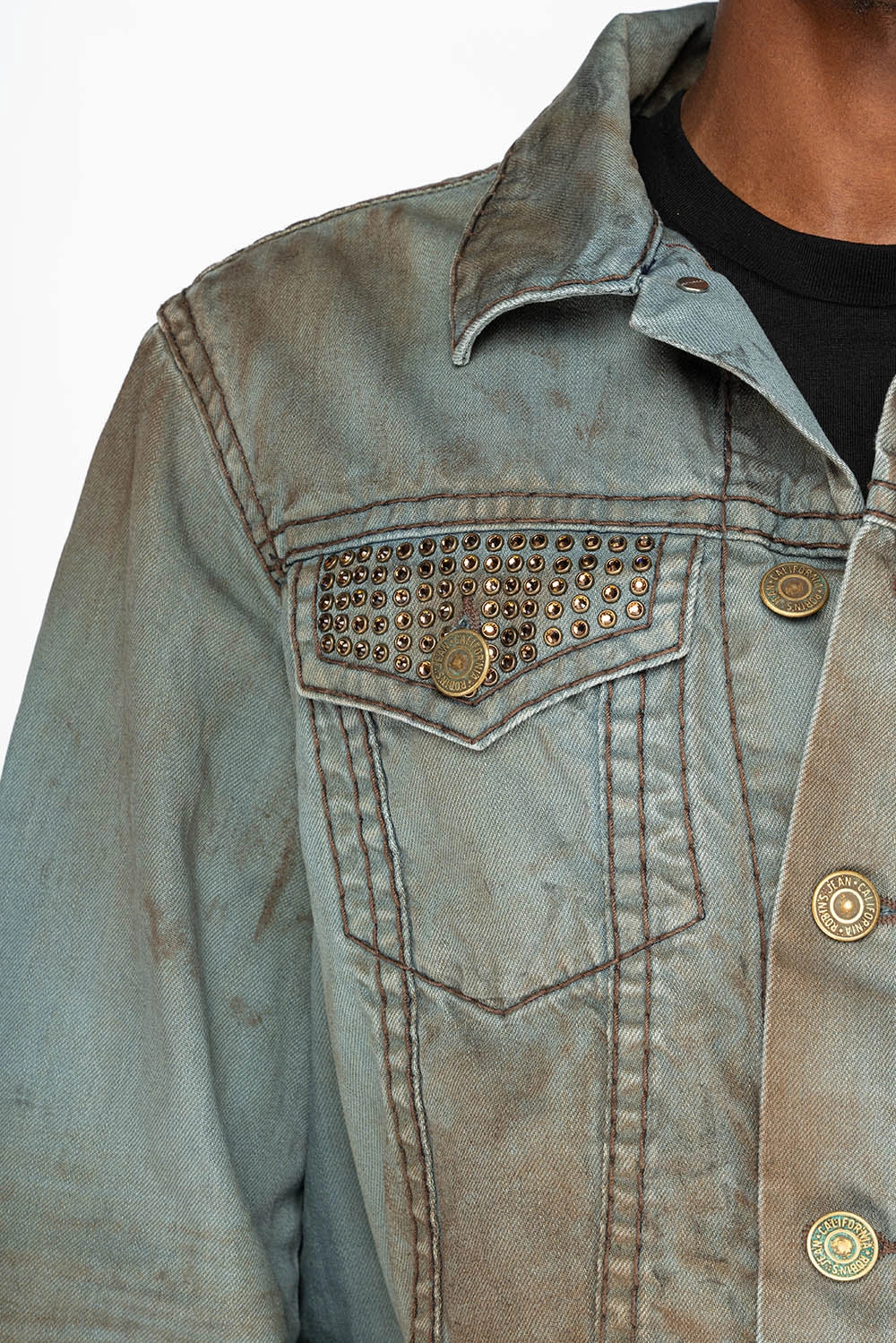 Weatherproof Zipper Tear Resistant Fabric Blends VINTAGE FASHION LIGHT BLUE JEAN JKT WITH BROWN CONTRAST STICH WITH CRYSTALS