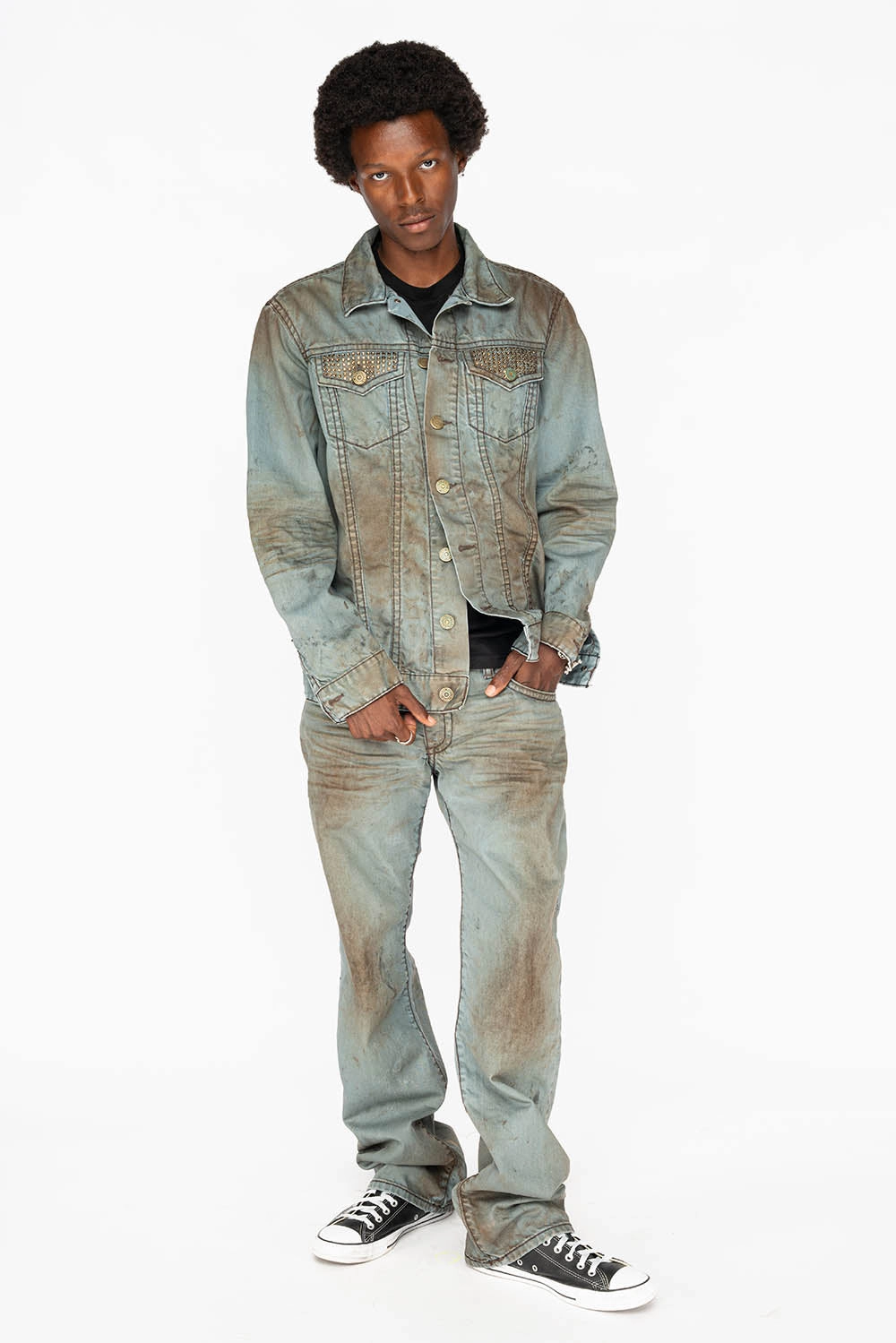 Urban Fit Look VINTAGE FASHION LIGHT BLUE JEAN JKT WITH BROWN CONTRAST STICH WITH CRYSTALS