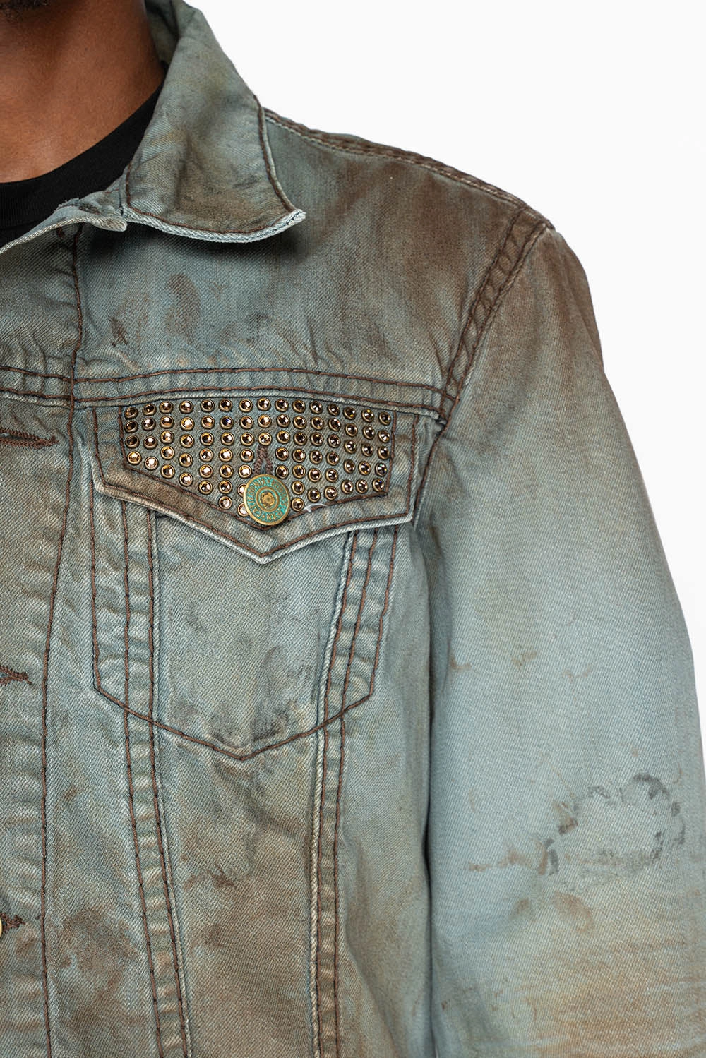 Hypoallergenic Fiber Filling VINTAGE FASHION LIGHT BLUE JEAN JKT WITH BROWN CONTRAST STICH WITH CRYSTALS