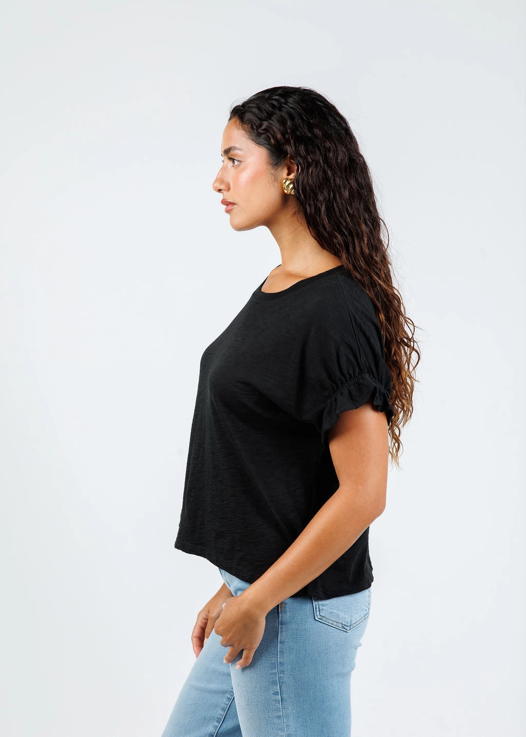 Signature Slub Puff & Ruffle Sleeve Tee - Black Hooded Neckline