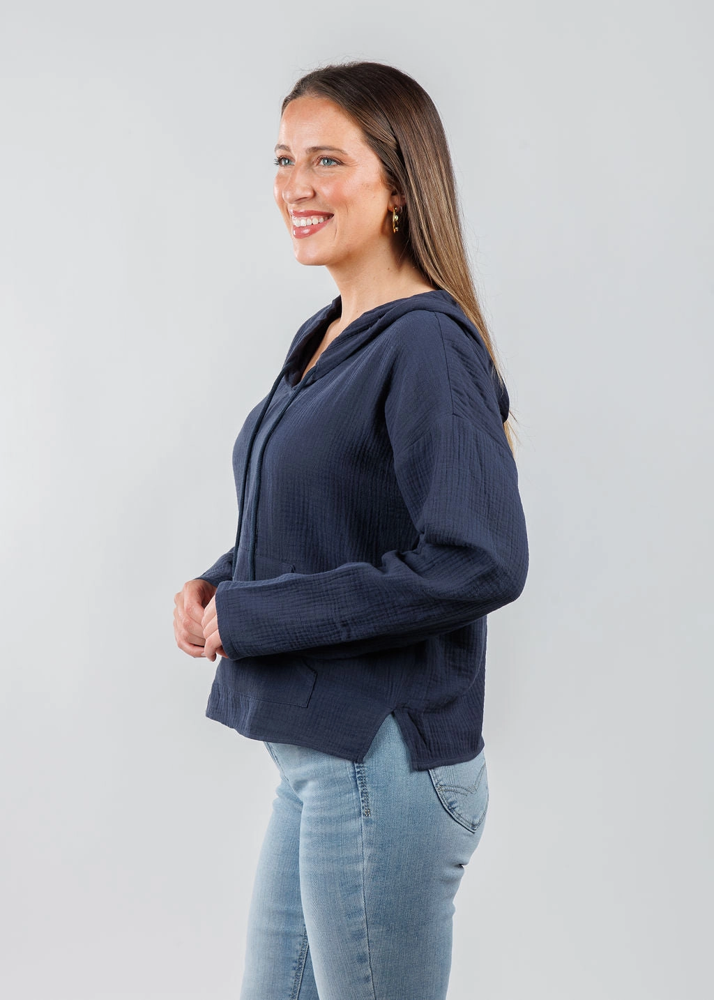 Soft Feel Gauze Hoodie - Navy