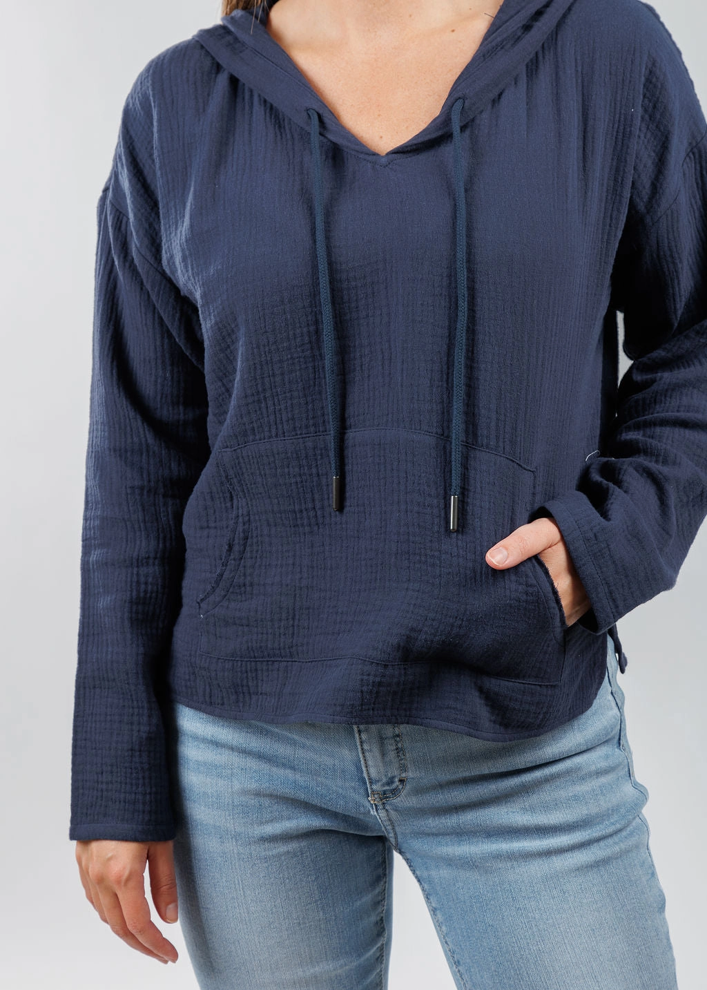Cozy Knit Design Knitted Comfort Gauze Hoodie - Navy