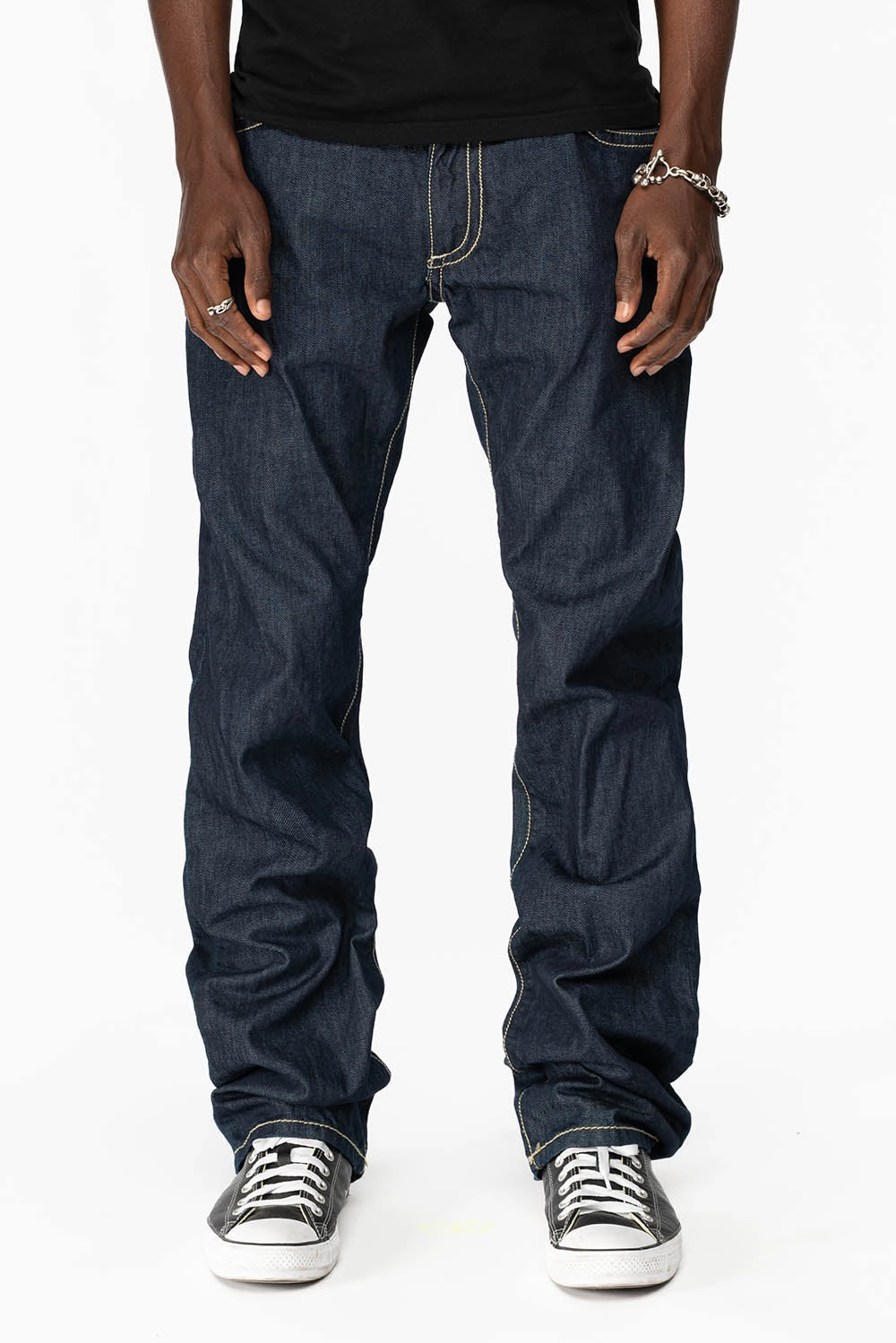 CLINT W/BROWN LEATHER ZIPPER FLAPS IN RINSE WASH WITH ANTIQUE BRASS EMBELLISHMENT Contemporary Look