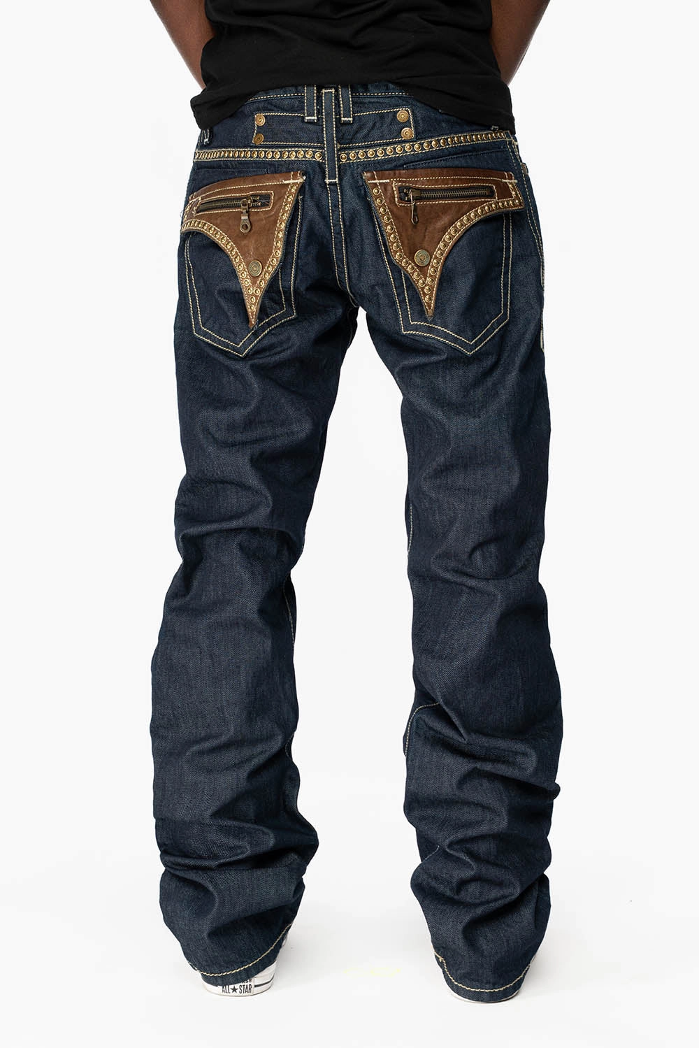 Minimalist Daily Wear Loose Belt Loop Reinforcement CLINT W/BROWN LEATHER ZIPPER FLAPS IN RINSE WASH WITH ANTIQUE BRASS EMBELLISHMENT