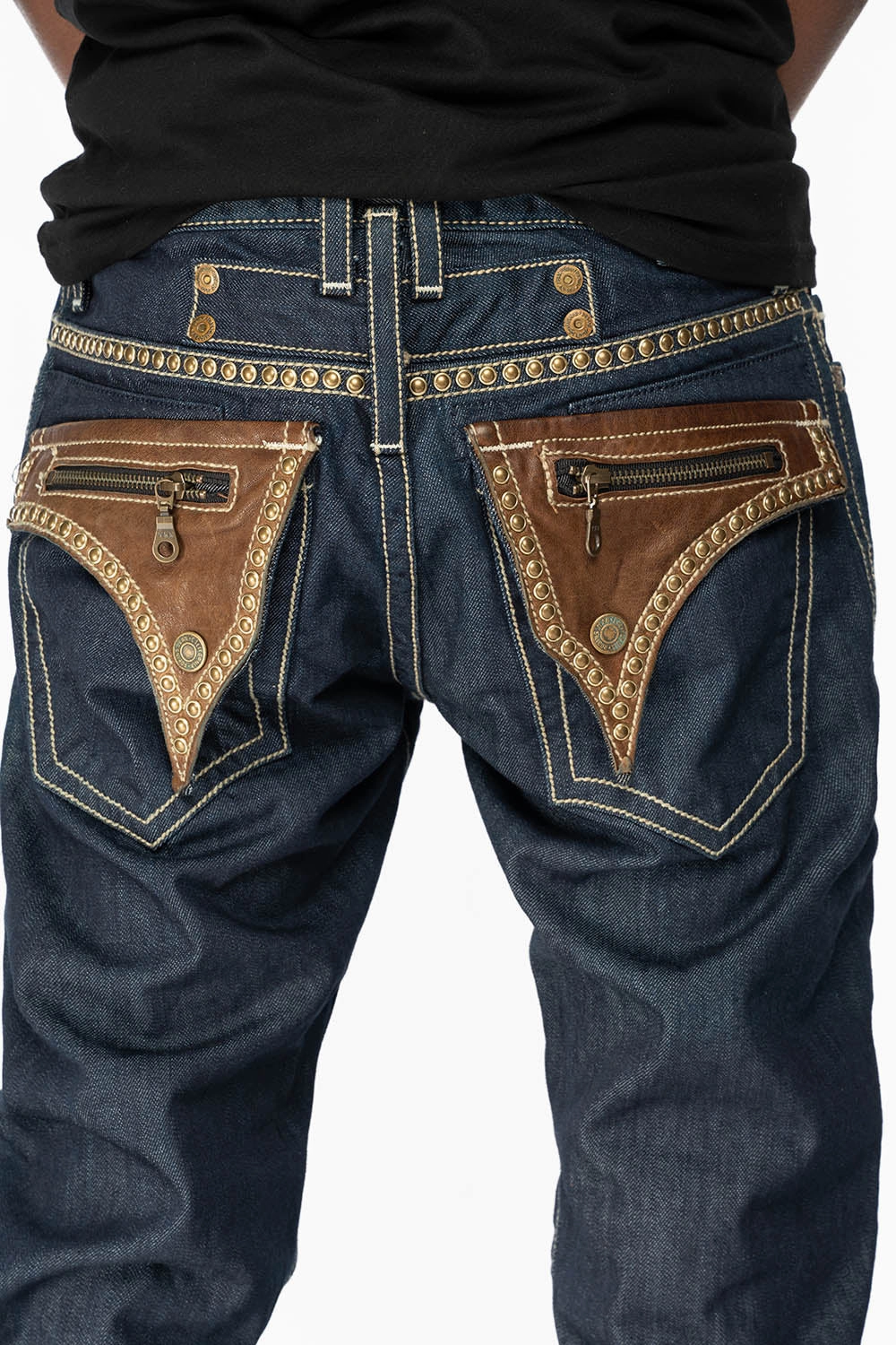 CLINT W/BROWN LEATHER ZIPPER FLAPS IN RINSE WASH WITH ANTIQUE BRASS EMBELLISHMENT Sustainable Weekend Getaway Modern Minimalist Urban Explorer