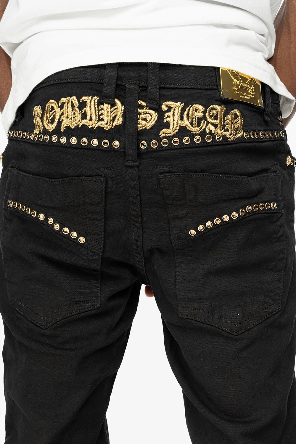 SKINNY JEAN IN PURE BLACK WITH GOLD O.E. LOGO EMBELISHED WITH SMOKY TOPAZ CRYSTALS Classic Comfort