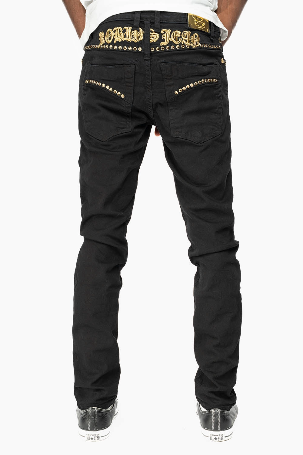 Formal Adult Fashion Classic Fit SKINNY JEAN IN PURE BLACK WITH GOLD O.E. LOGO EMBELISHED WITH SMOKY TOPAZ CRYSTALS