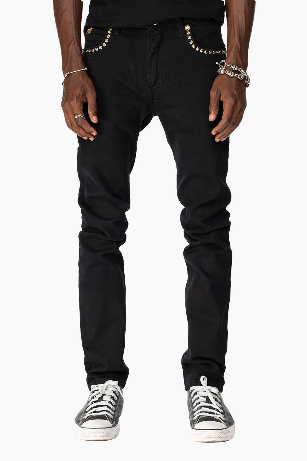 SKINNY JEAN IN PURE BLACK WITH GOLD/SILVER  ROBIN??S LOGO EMBELLISHED WITH GOLD NAILHEAD STUDS All Round Wear Streetwear Fan Premium