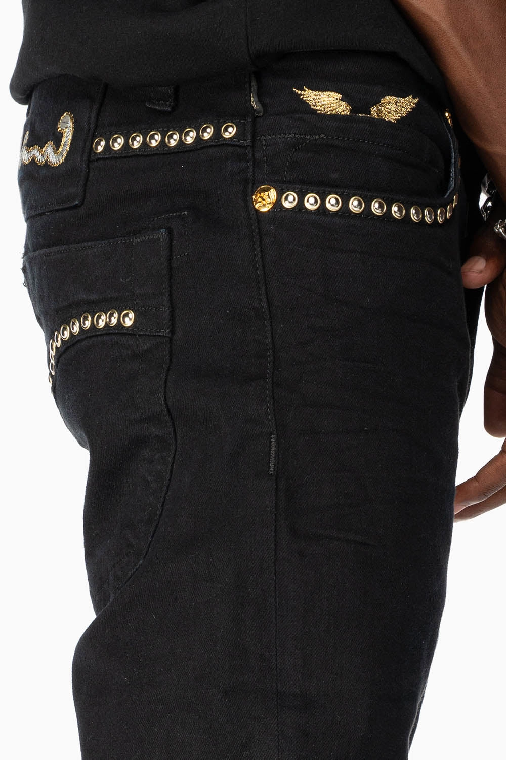 Light Fabric Eco Friendly Fashion Lover Morning Stroll SKINNY JEAN IN PURE BLACK WITH GOLD/SILVER  ROBIN??S LOGO EMBELLISHED WITH GOLD NAILHEAD STUDS