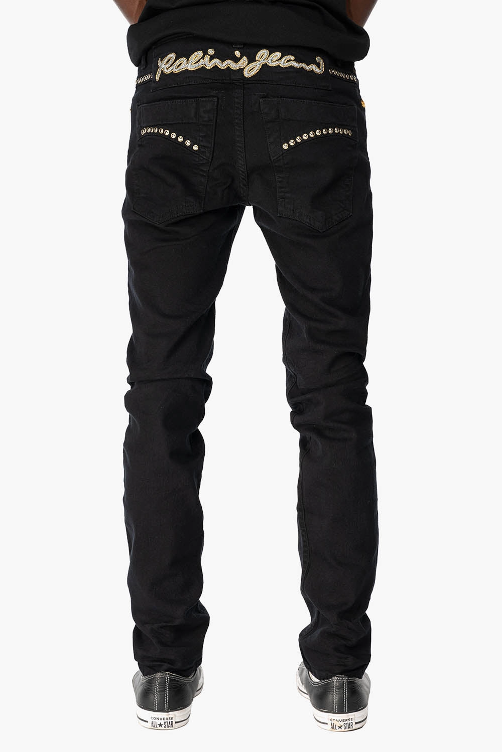 Fit Focus SKINNY JEAN IN PURE BLACK WITH GOLD/SILVER  ROBIN??S LOGO EMBELLISHED WITH GOLD NAILHEAD STUDS