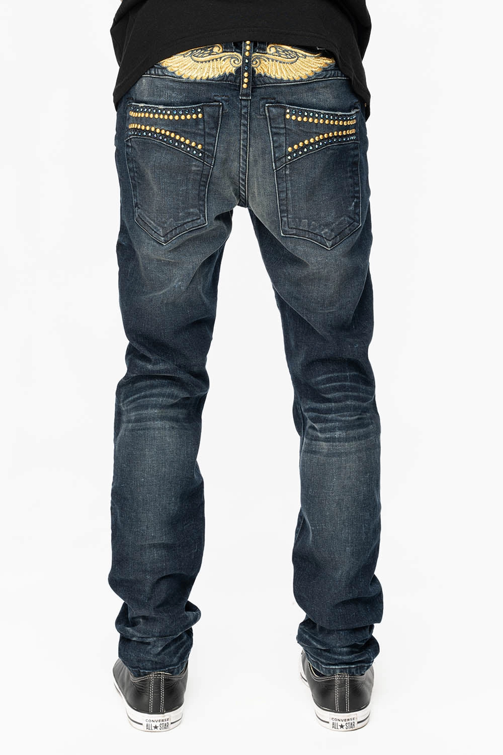 SKINNY MENS JEANS IN 4 D DARK BLUE WASH  WITH BLUE SAPPHIRE CRYSTALS AND GOLD NAILHEAD Refined Detail Subtle Palette