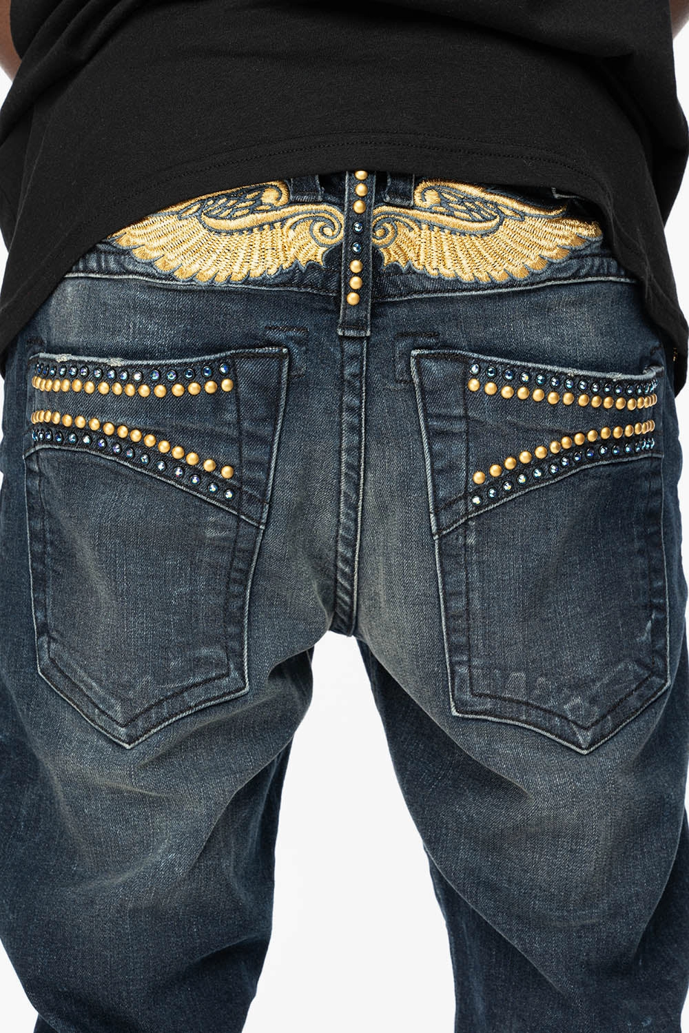 SKINNY MENS JEANS IN 4 D DARK BLUE WASH  WITH BLUE SAPPHIRE CRYSTALS AND GOLD NAILHEAD Soft Core