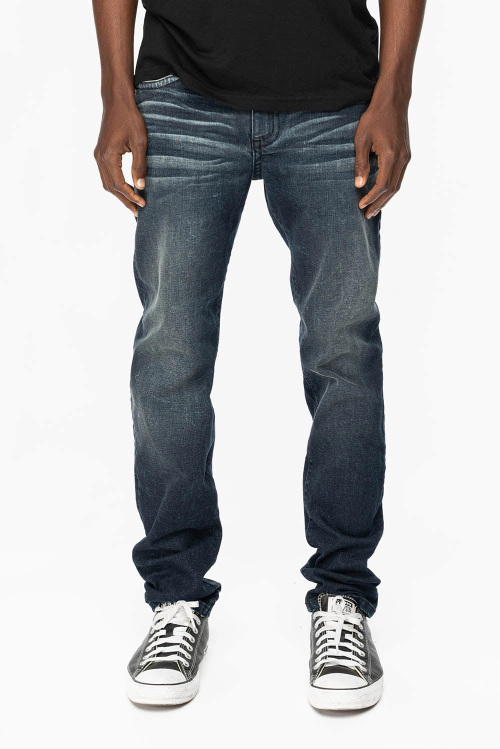 Subtle design SKINNY MENS JEANS IN 4 D DARK BLUE WASH  WITH BLUE SAPPHIRE CRYSTALS AND GOLD NAILHEAD