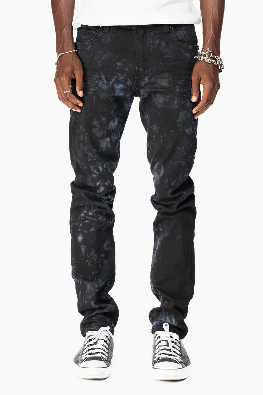 SKINNY MENS JEANS IN ASTRO BLACK WITH CHAIN STICH EMBROIDERY LOGO EMBELLISHED WITH RED CRYSTALS Barrel Leg Construction