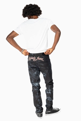 SKINNY MENS JEANS IN ASTRO BLACK WITH CHAIN STICH EMBROIDERY LOGO EMBELLISHED WITH RED CRYSTALS Breathable Travel Outfit Brunch Outfit