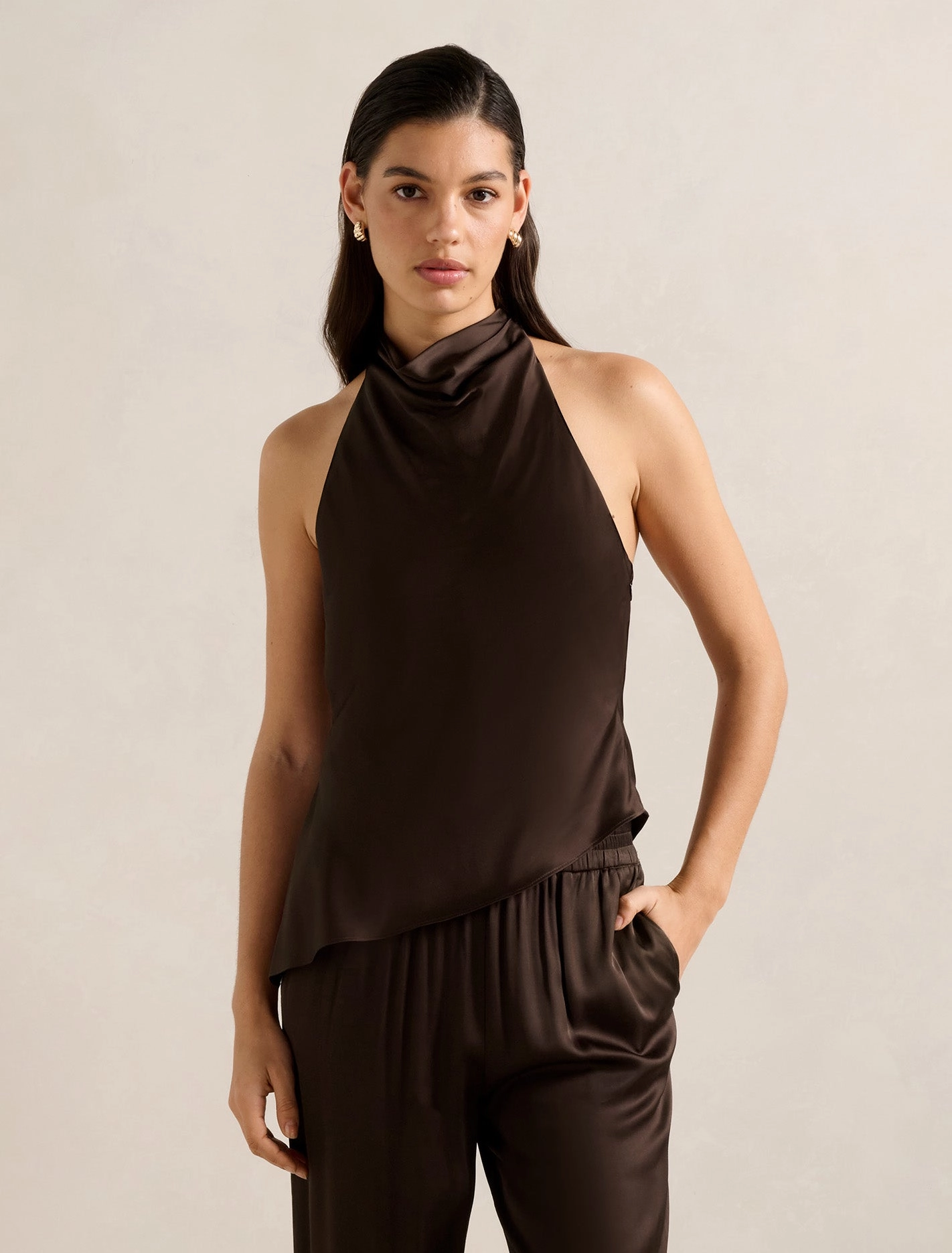 Flattering Drape Skyler Halter Satin Top
