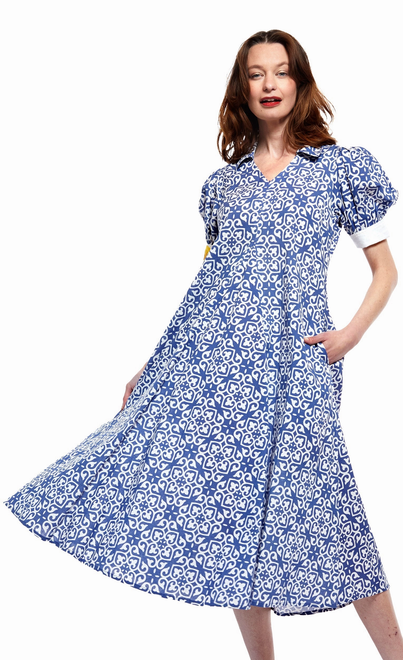 Montauk Dress - Blue With White Geometric Pattern Breathable Feel
