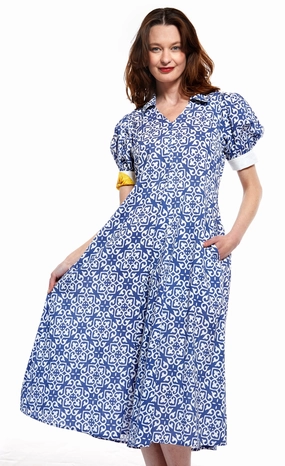 Montauk Dress - Blue With White Geometric Pattern Pure Elegance Brunch Outfit