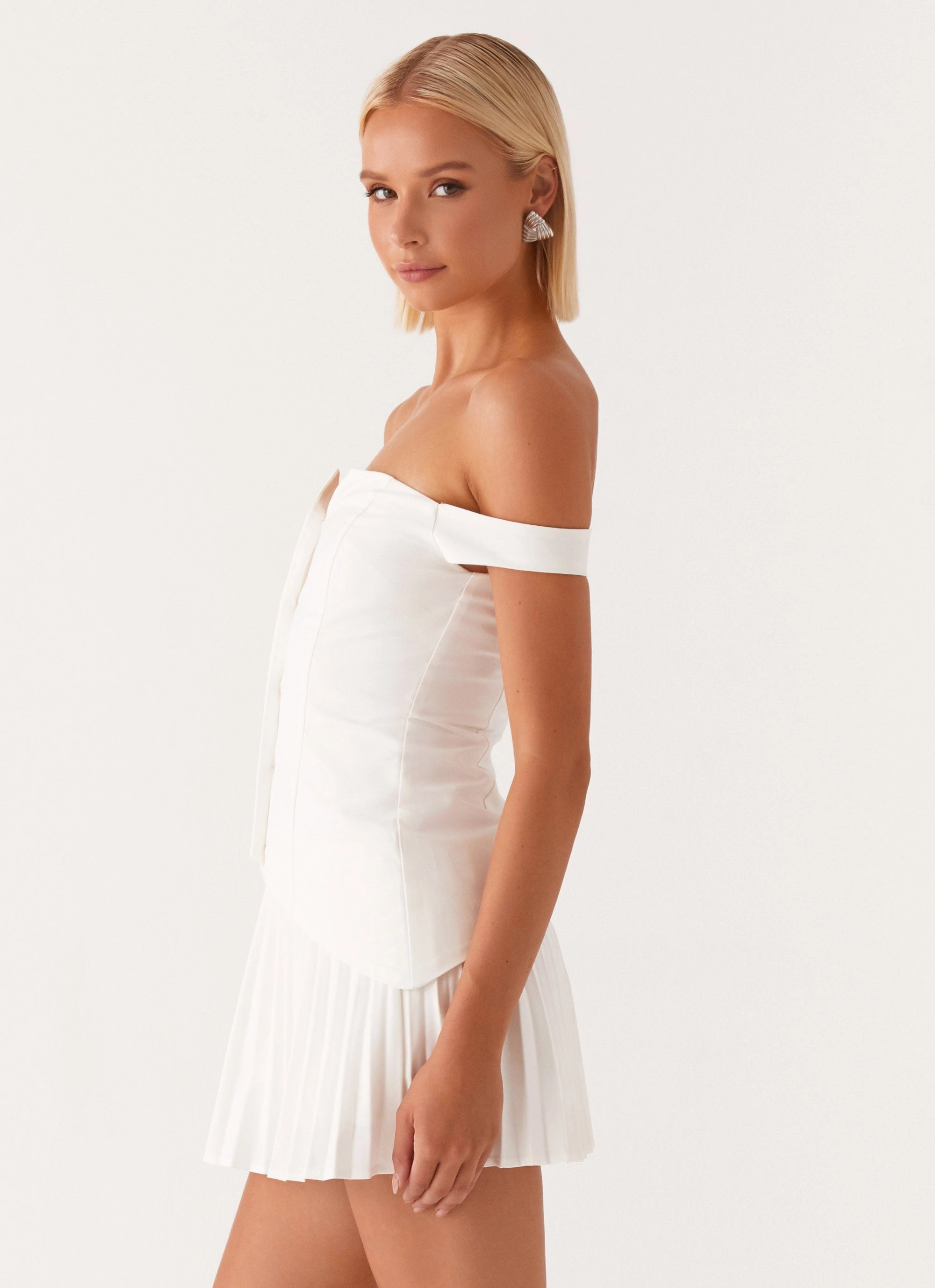 Stay Cool Soft Glide Twisted Skies Off Shoulder Mini Dress - Off White