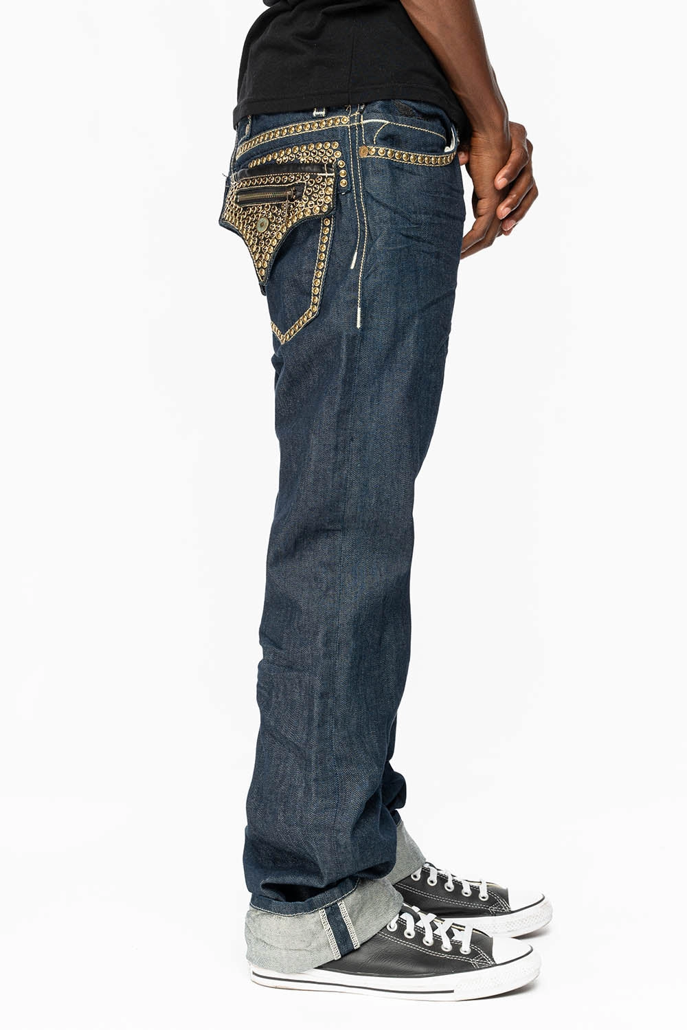 Casual Energy Circular Knit Construction CLINT W/BLACK LEATHER ZIPPER  FLAPS EMBELLISHED WITH CRYSTALS AND NAILHEADS IN RINSE WASH