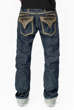 Relaxed Design Style CLINT W/BLACK LEATHER ZIPPER  FLAPS EMBELLISHED WITH CRYSTALS AND NAILHEADS IN RINSE WASH