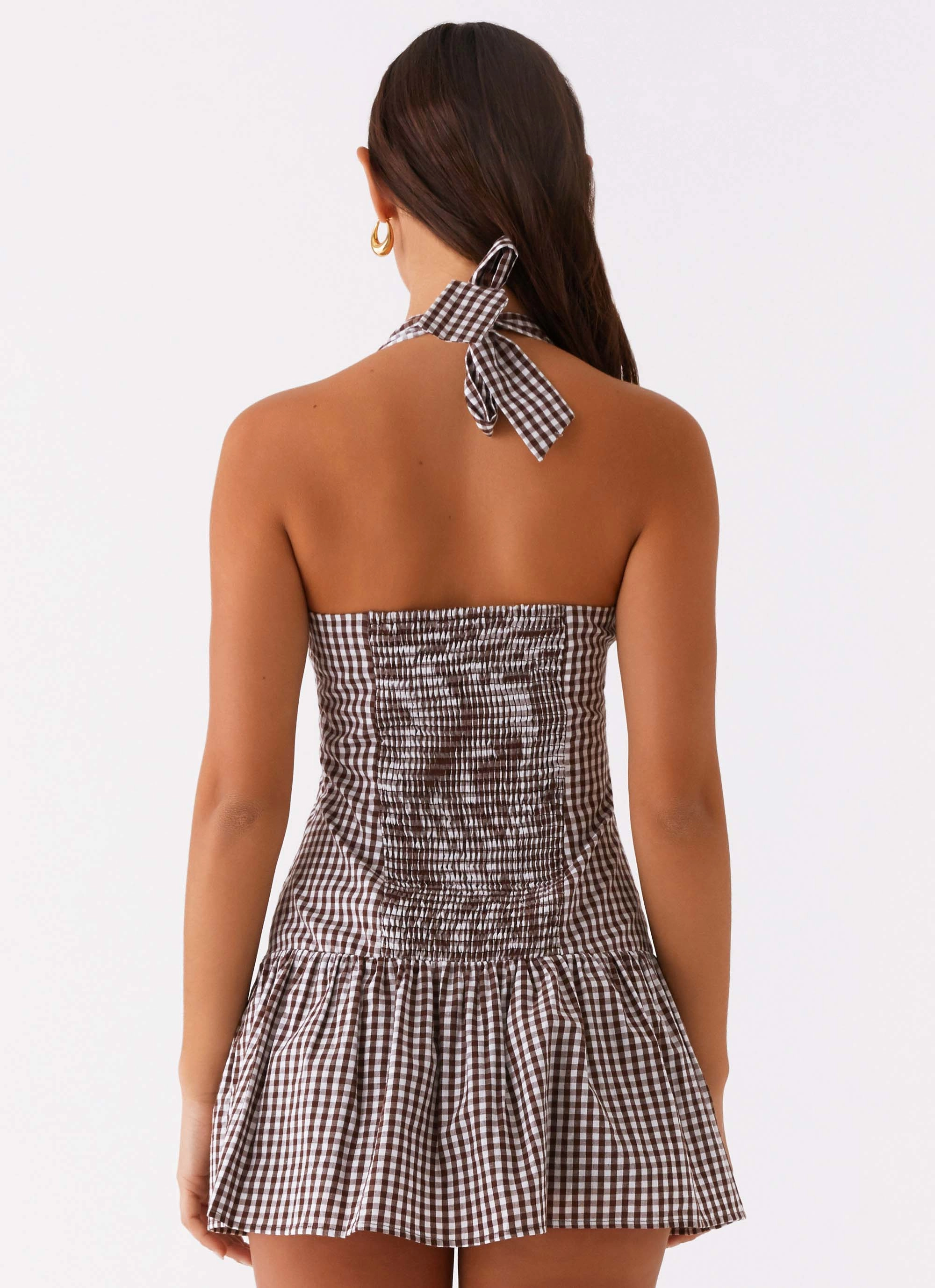Light Wrap New Look Shirred Halter Mini Dress - Chocolate Gingham