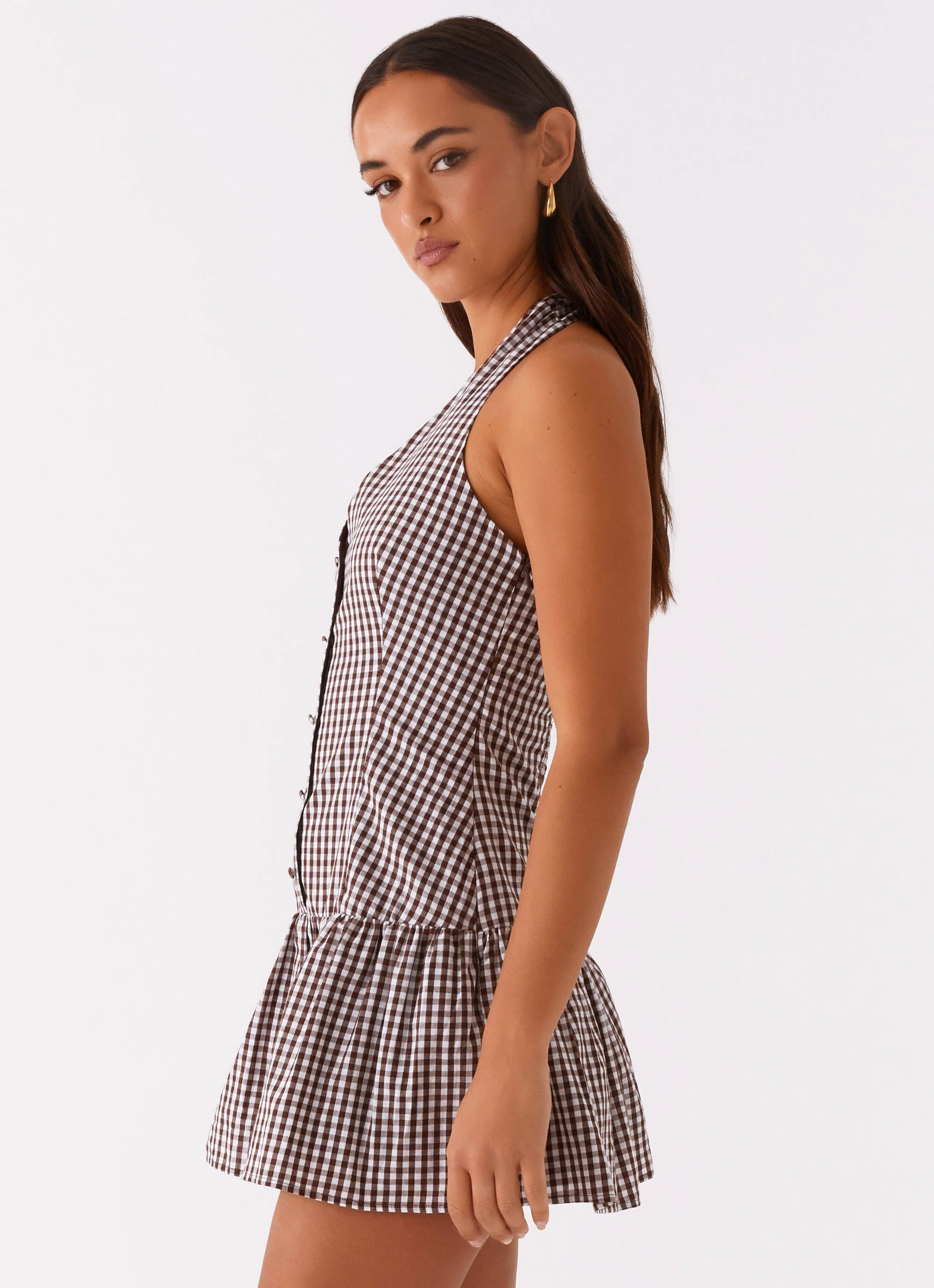 Timeless and Comfortable EcoFriendlyDye New Look Shirred Halter Mini Dress - Chocolate Gingham