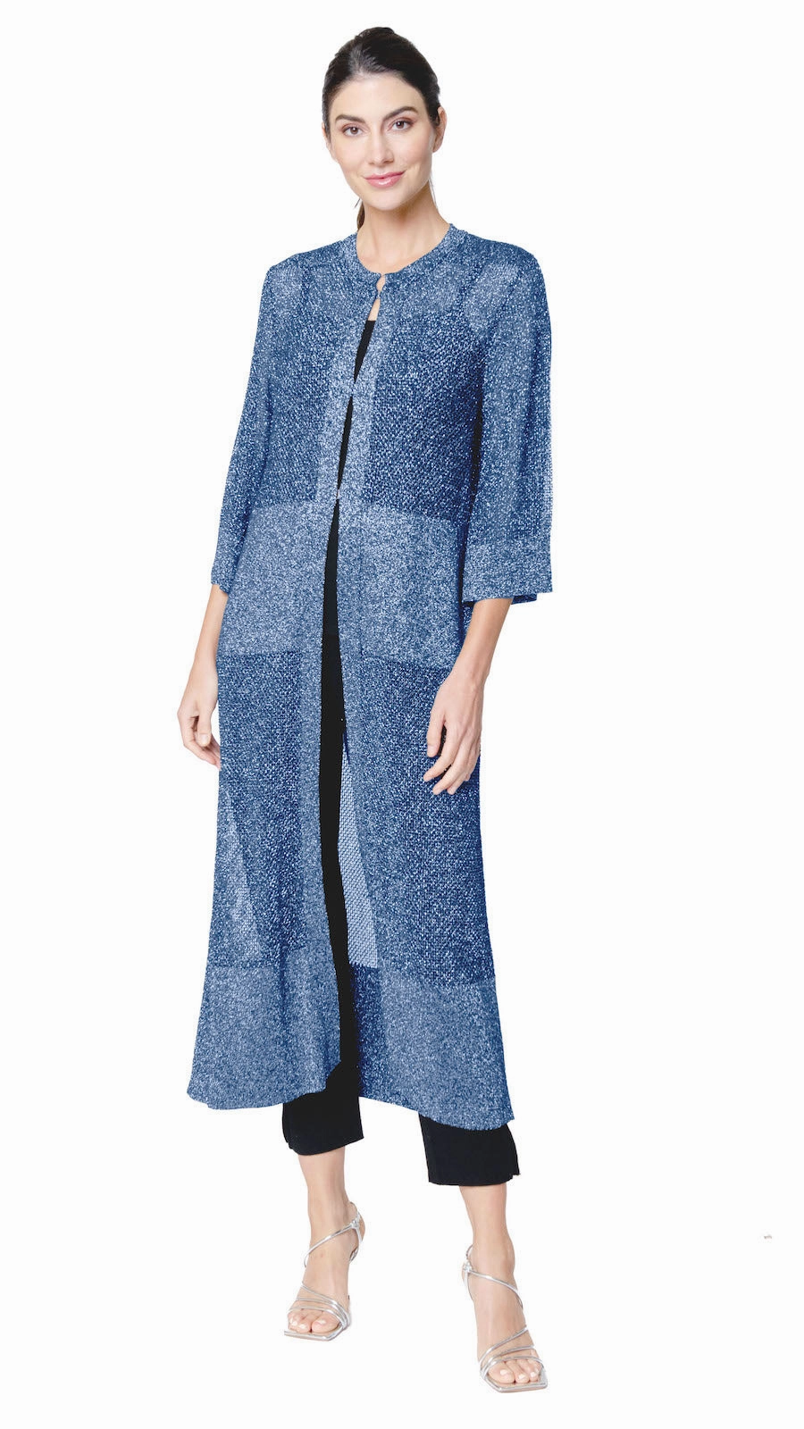 Arianna Shimmery Mesh-Knit Duster Coat - Tornado Silver Collar Stabilization System HiddenPockets