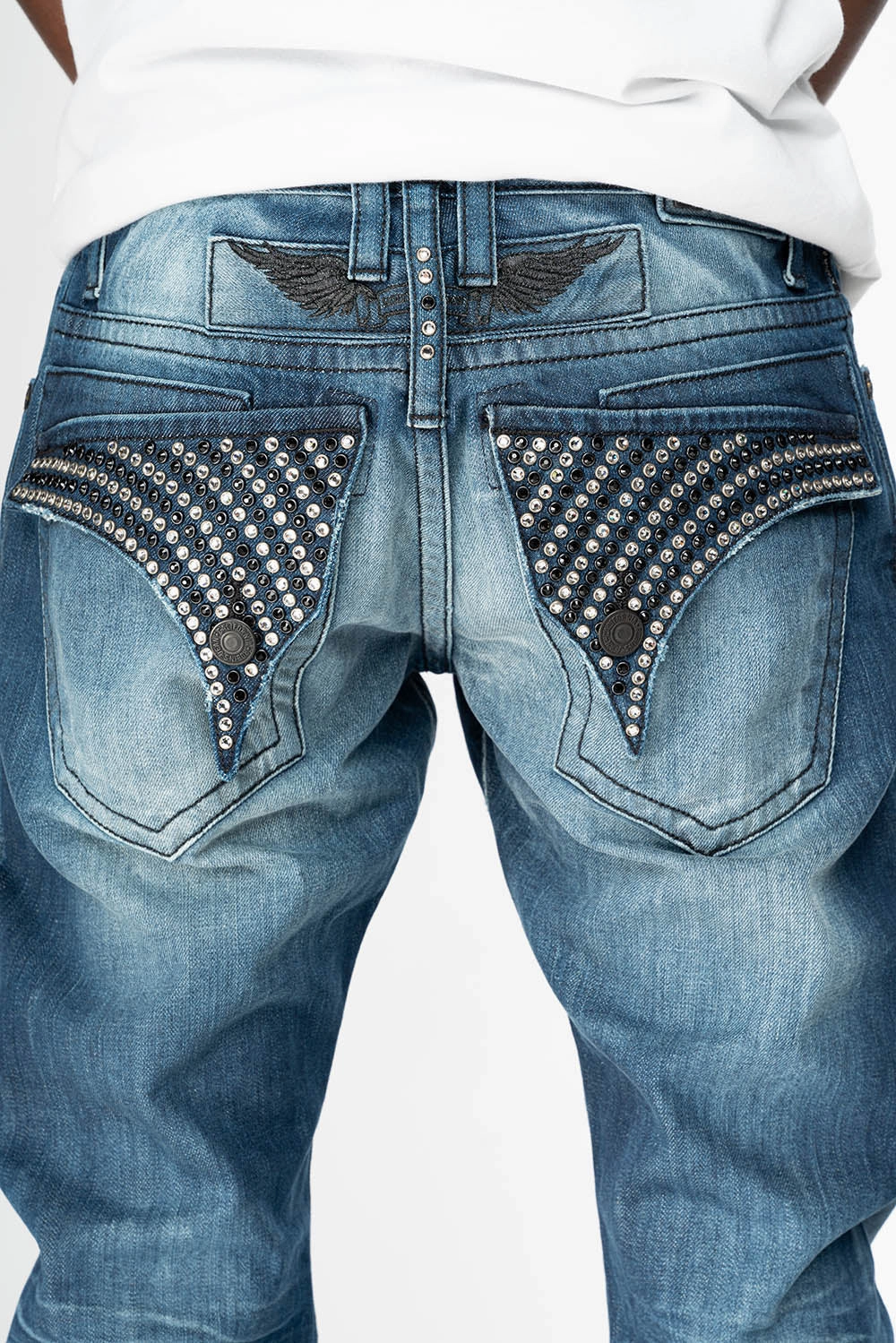 Summer Vibes All Style Fit LIMITED EDITION MENS LONG FLAP SLIM JEANS  EMBELLISHED WITH CRYSTALS IN OMAHA DARK WASH