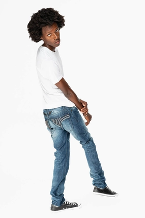 LIMITED EDITION MENS LONG FLAP SLIM JEANS  EMBELLISHED WITH CRYSTALS IN OMAHA DARK WASH Core Look Fashion Daily