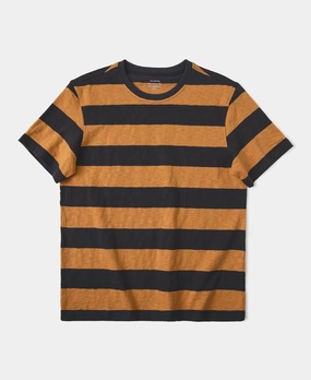 Simple Comfort Wear Temperature Control Fabric Slub Cotton Wide Striped T-Shirt - Black/Orange