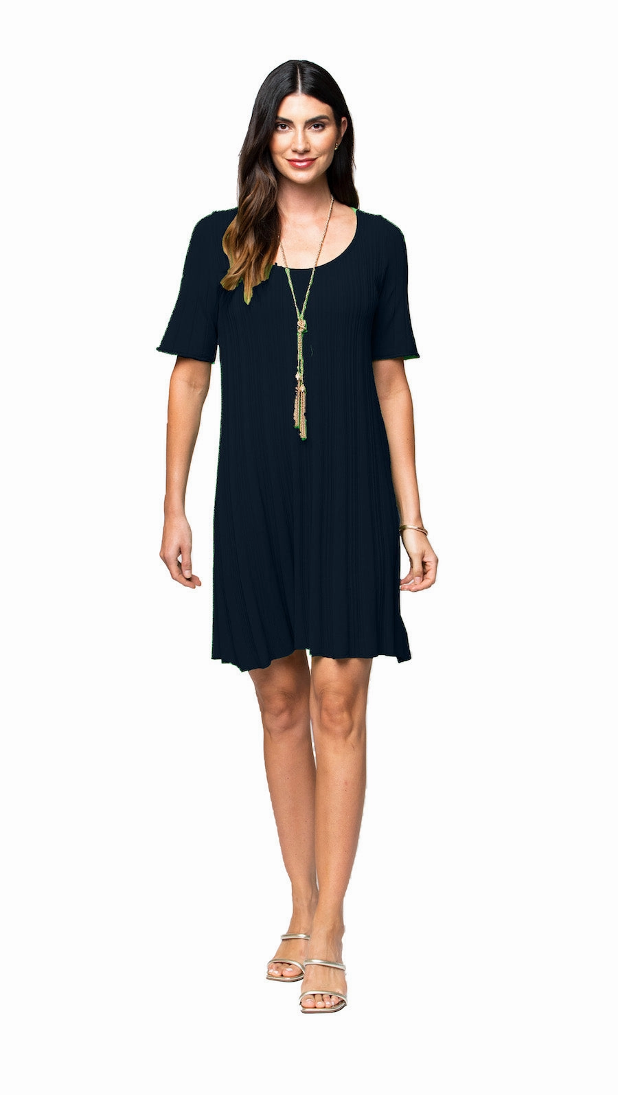 Stephanie Wave Rib Knit Short Sleeved Swing Navy Dress; Chic Ensemble