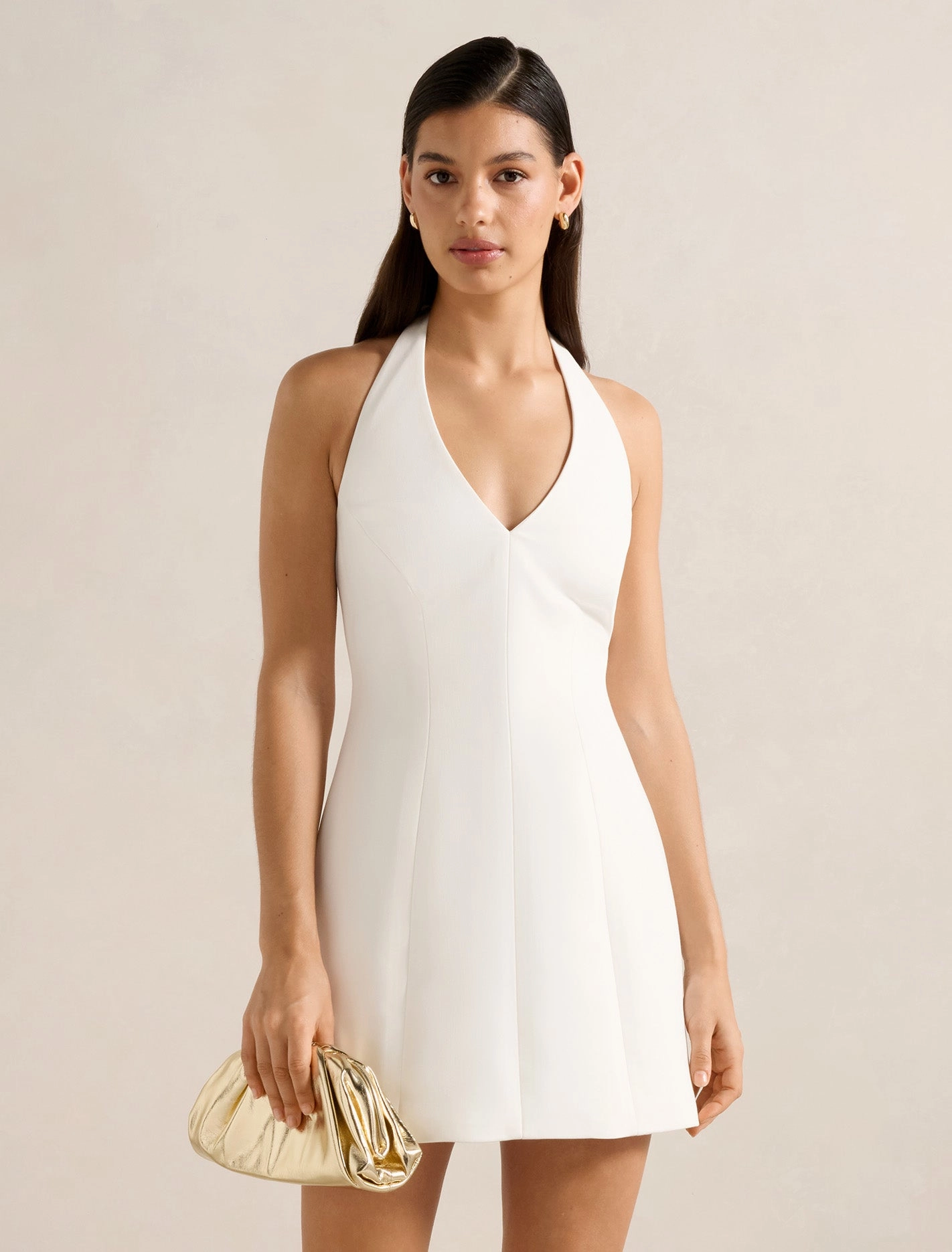 Pastel-Tone Neutral Feel Riley Structured Halter Mini Dress