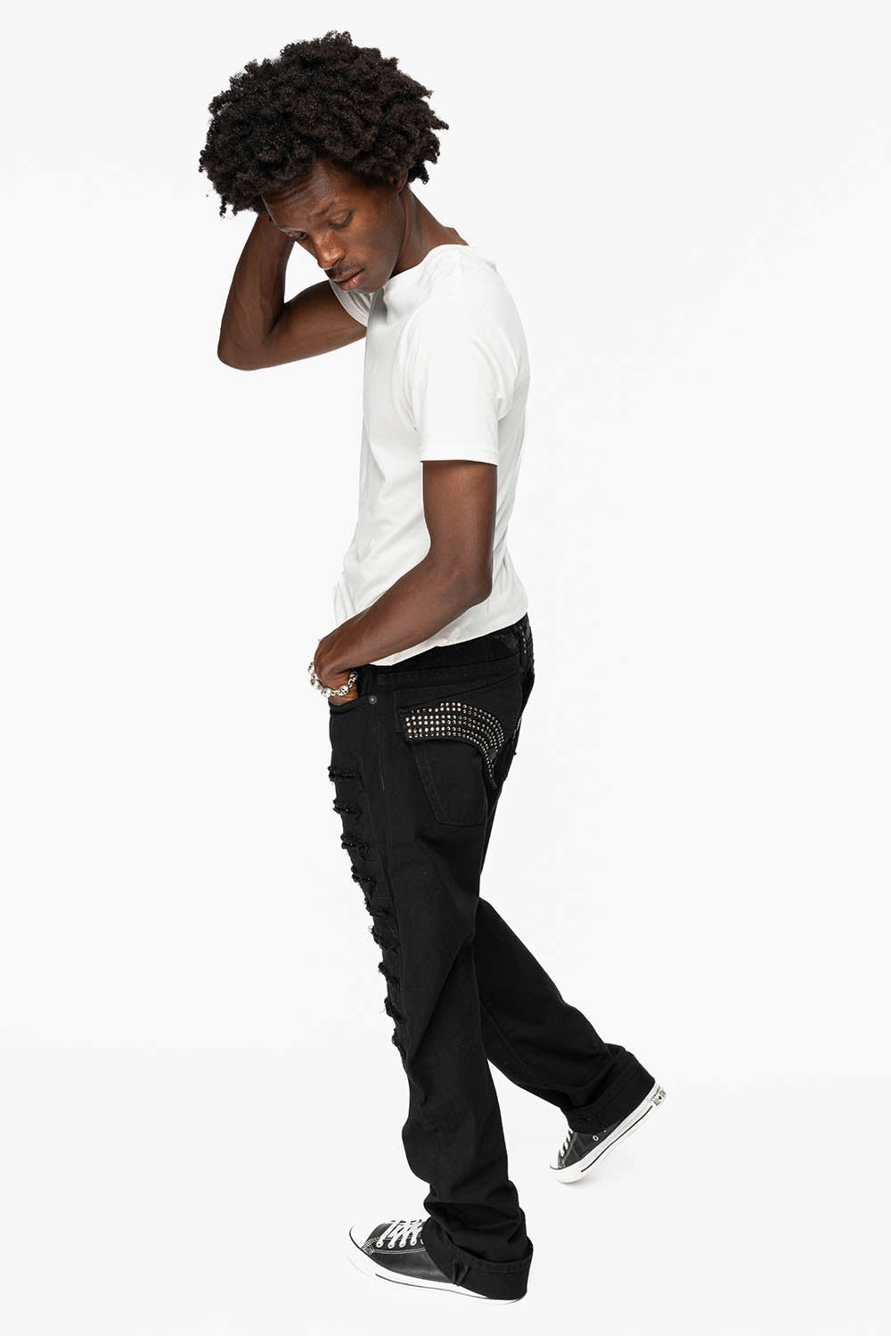 GYPSY REPAIRED STRAIGHT LEG JEANS LIMITED EDITION IN BLK EMBELLISHED WITH CRYSTALS Stretch Free Fit All Day Comfort Design