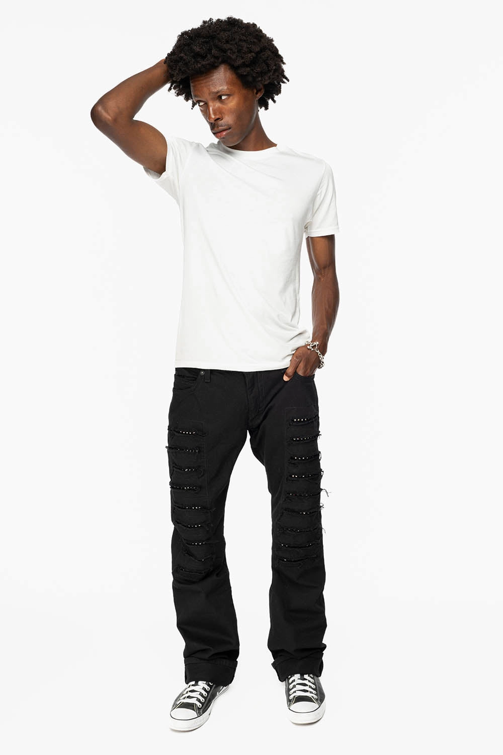 GYPSY REPAIRED STRAIGHT LEG JEANS LIMITED EDITION IN BLK EMBELLISHED WITH CRYSTALS Stylish Waistband Everyday Classic Wear Comfy