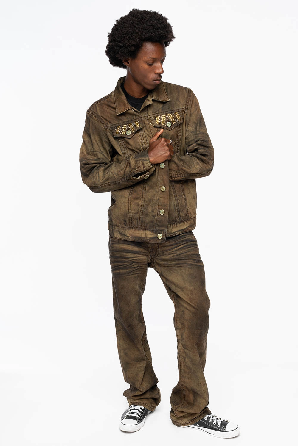 Colorfast Dyeing Method Comfy Waist Fit MENS LONG FLAP  BOOT CUT JEANS WITH CRYSTALS IN FASHION VINTAGE BROWN