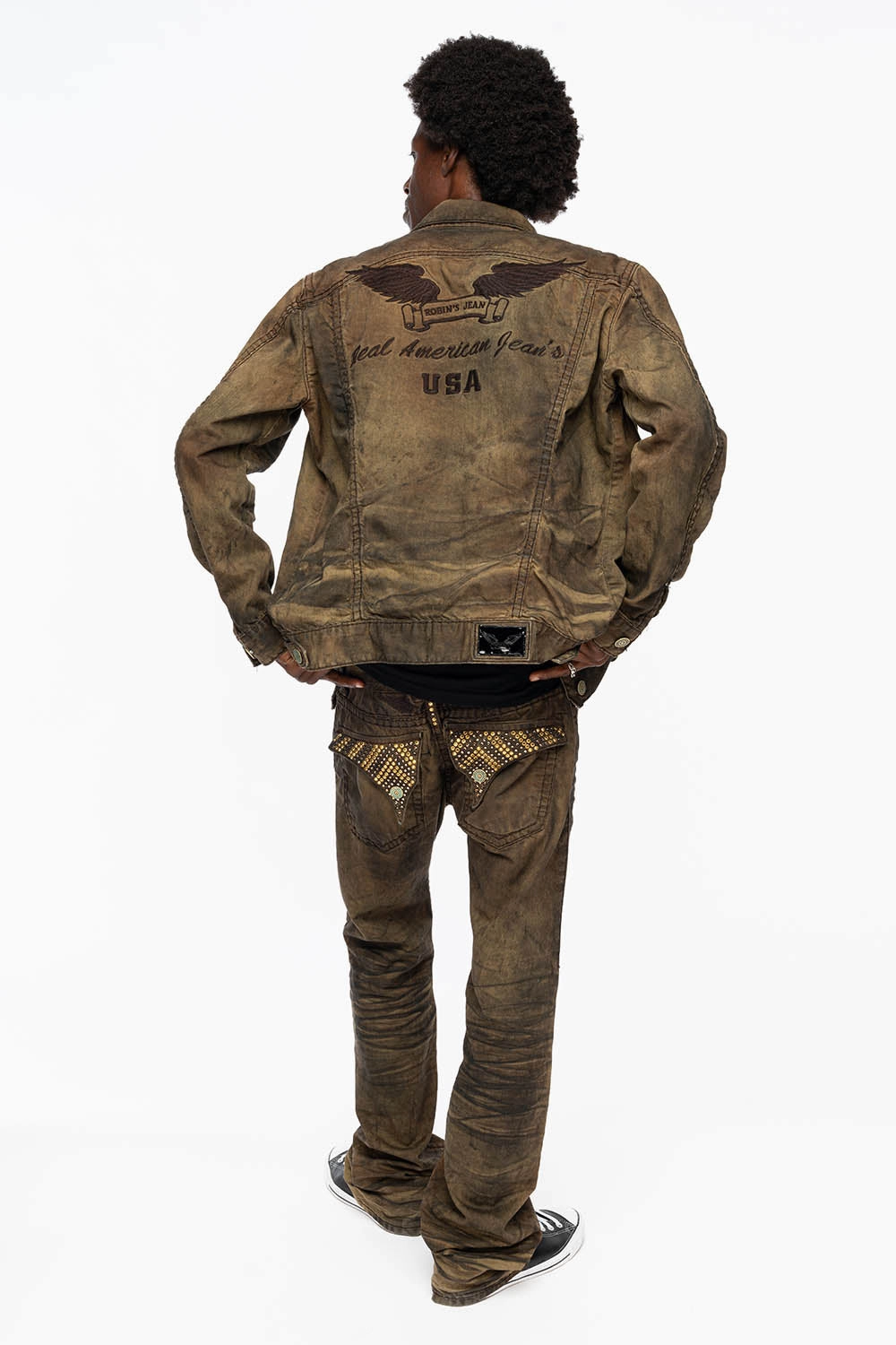 Comfy Touch MENS LONG FLAP  BOOT CUT JEANS WITH CRYSTALS IN FASHION VINTAGE BROWN