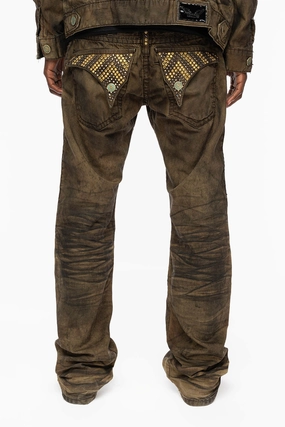 MENS LONG FLAP  BOOT CUT JEANS WITH CRYSTALS IN FASHION VINTAGE BROWN Smart Casual Spring Mood Formal