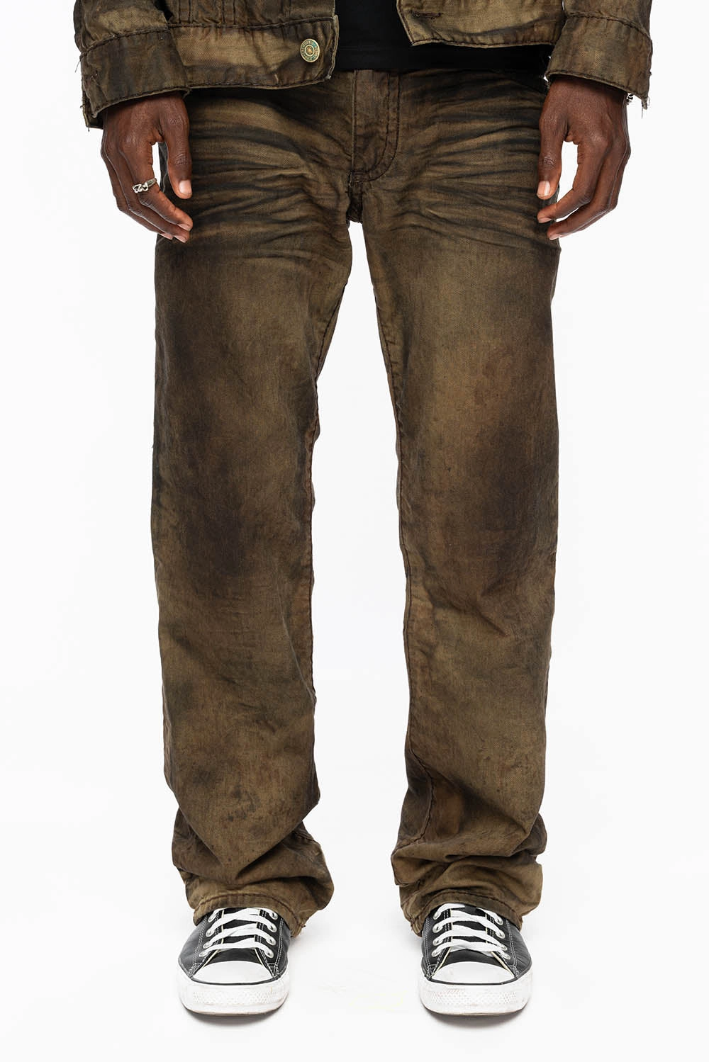 Sunny Vibes Office Wear Modern Shopping Day MENS LONG FLAP  BOOT CUT JEANS WITH CRYSTALS IN FASHION VINTAGE BROWN