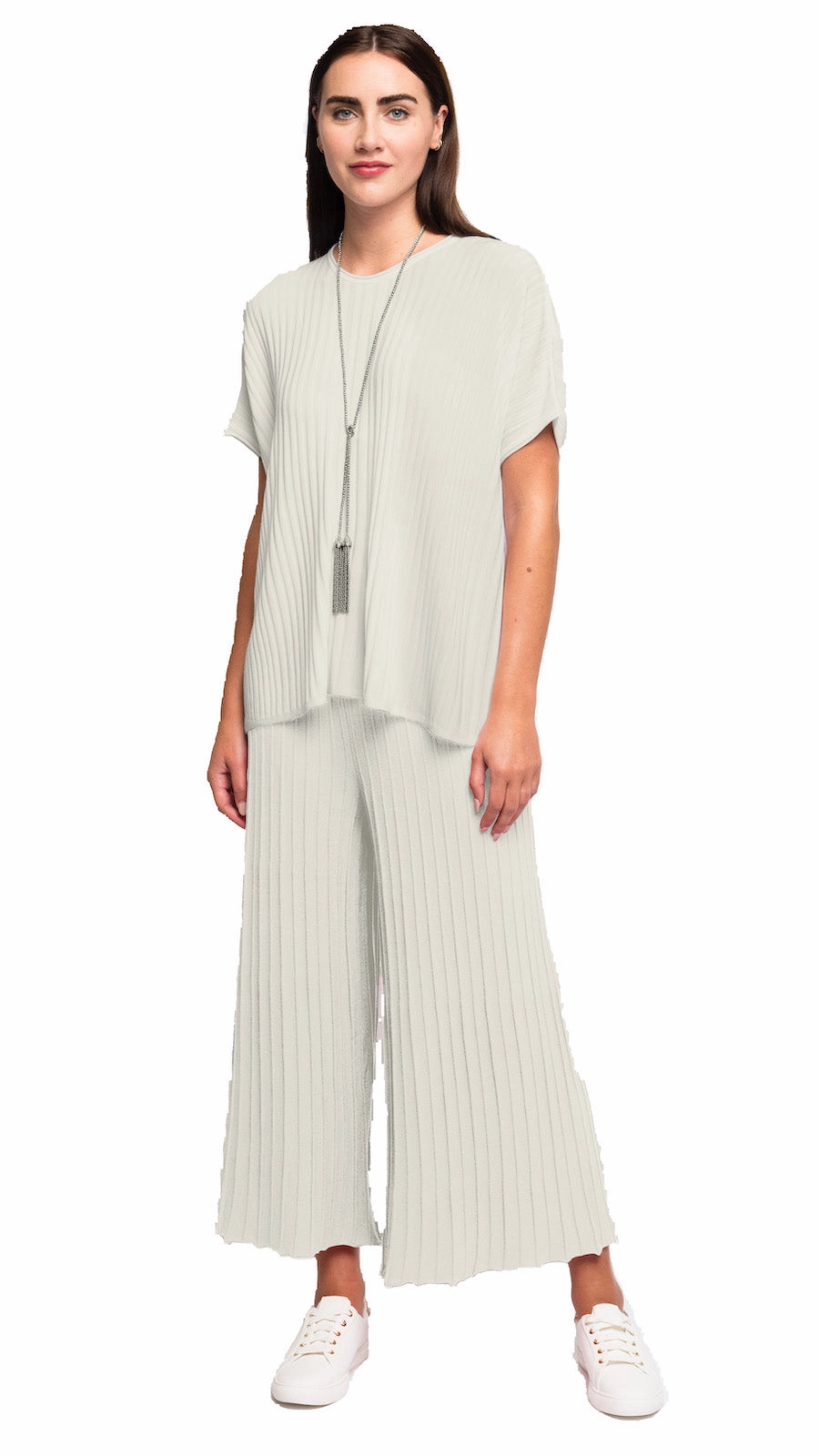 Erika Loose-Fitting Wide Rib Knit Drop Shoulder Top; Beige Flexible Placket Structure