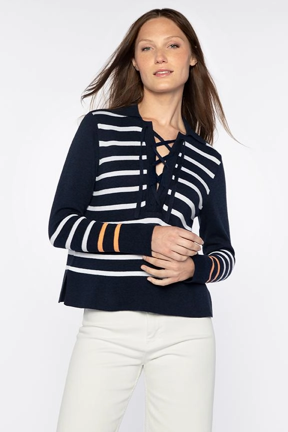 Stripe Lace-Up Polo Shimmer Effect Structured Collar