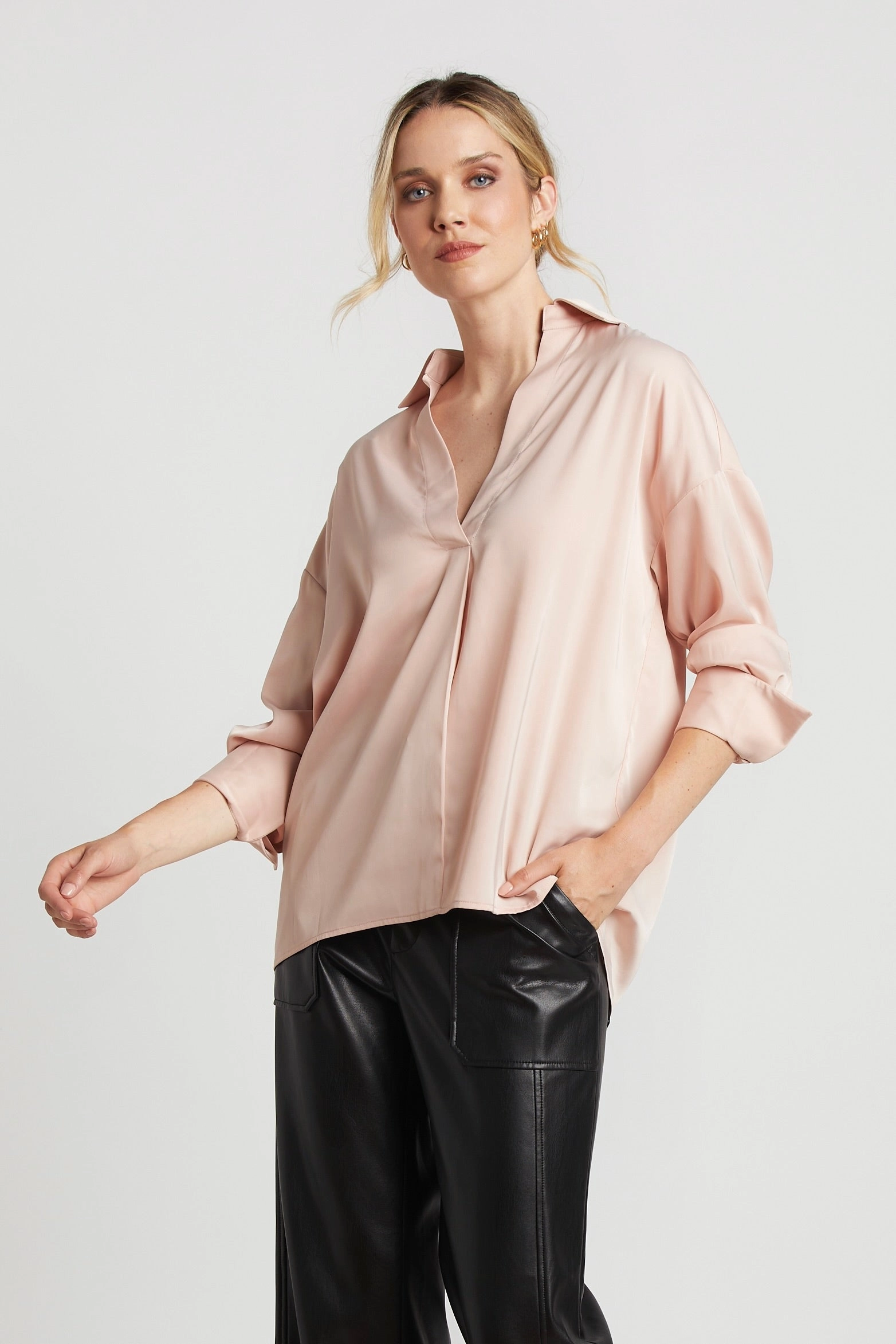 Kay Popover Satin Blouse With Long Cuffs - Rose Active Layer Twill Weave